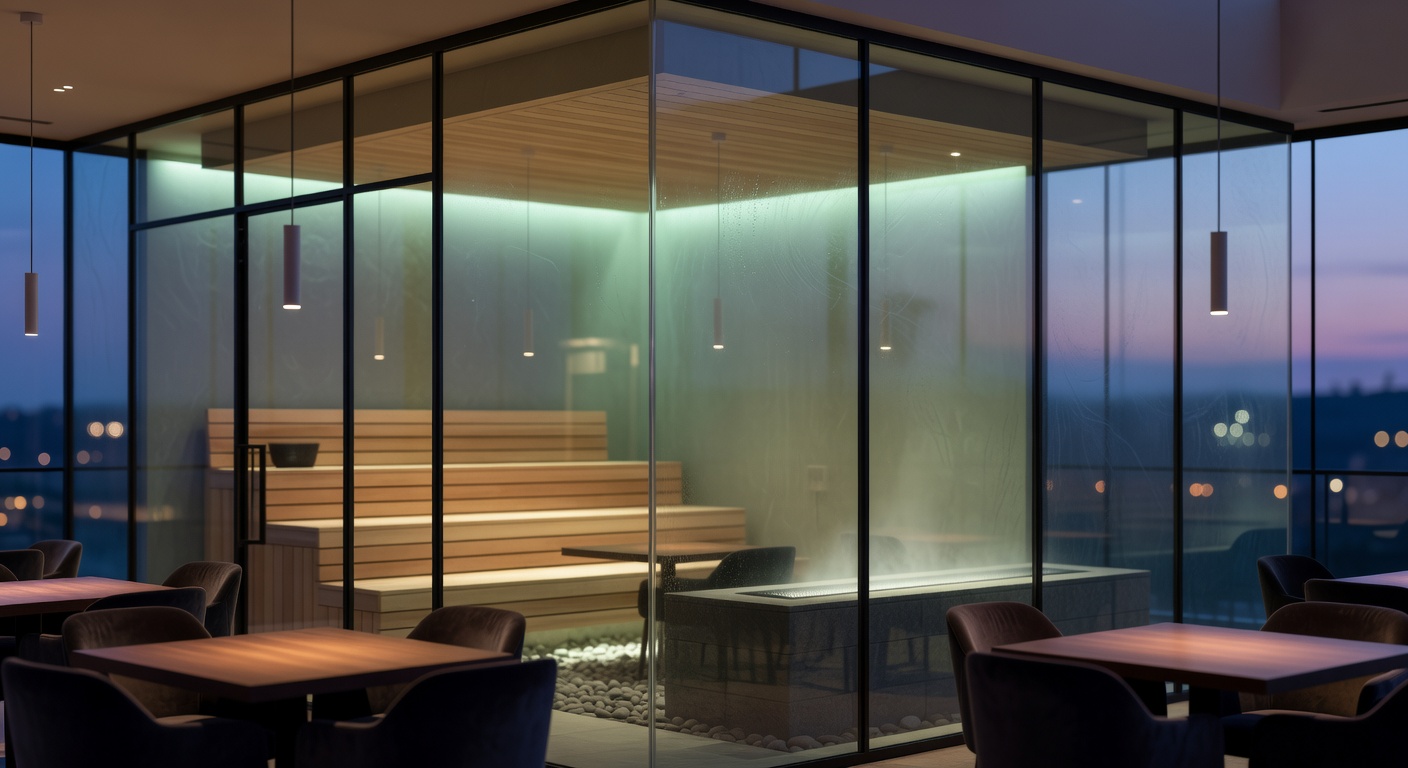 Glass enclosed restaurant with ambient lighting
