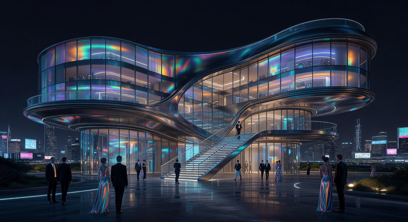 Futuristic hotel exterior glowing at night