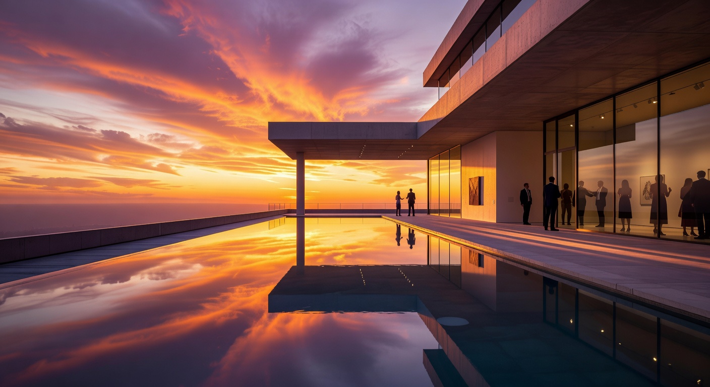 Rooftop pool reflecting the sunset