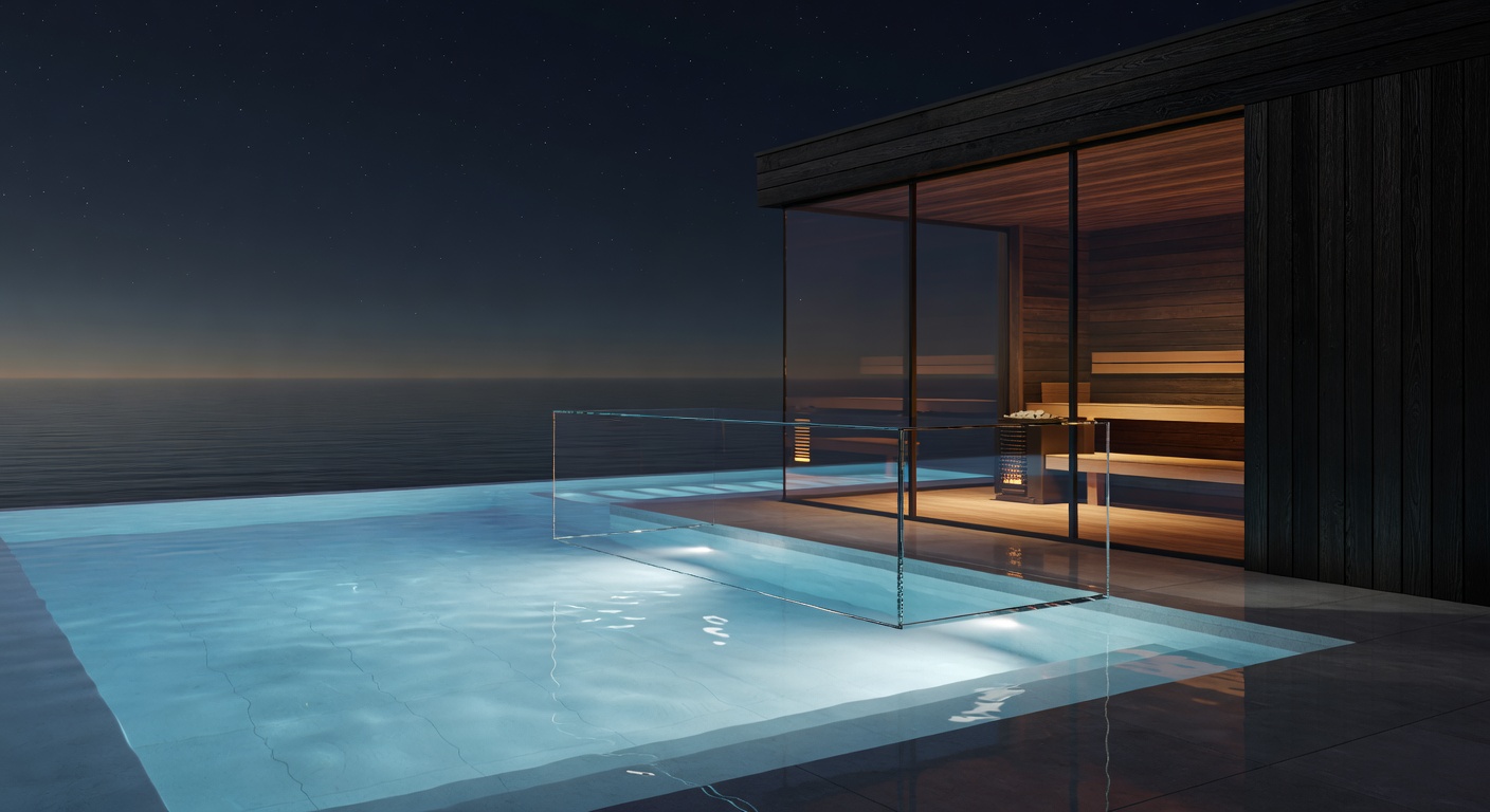 Luxury infinity pool illuminated at night